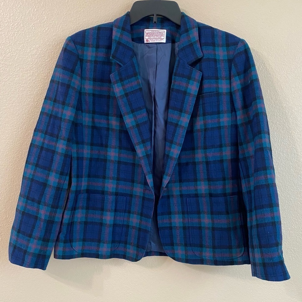 Pendleton Vintage Size 14P Virgin Wool Blue Green Tartan Plaid Heritage Blazer